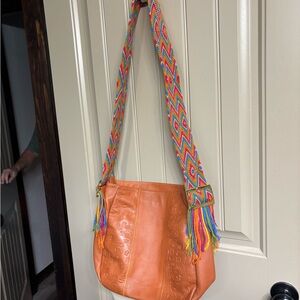 Vibrant Orange Leather Shoulder Bag with Colorful Strap 11”h 10 1/2w 5”d